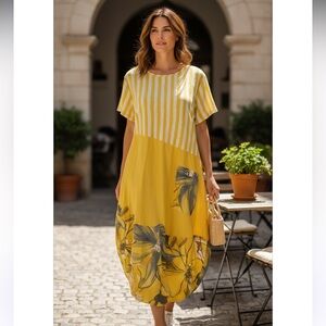 🇮🇹 65-Frocella Yellow Floral Striped Dress